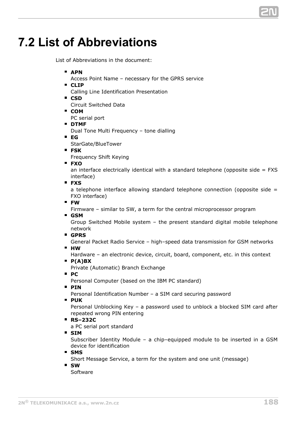 2 list of abbreviations | 2N StarGate/BlueTower v5.4 User Manual | Page 188 / 194