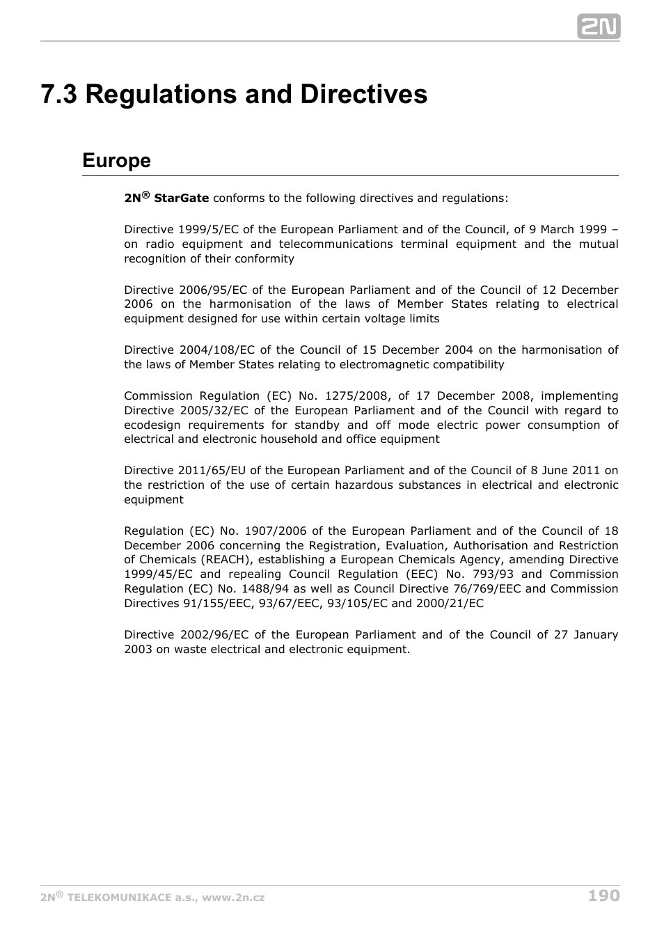 3 regulations and directives, Europe | 2N StarGate/BlueTower v5.4 User Manual | Page 190 / 194