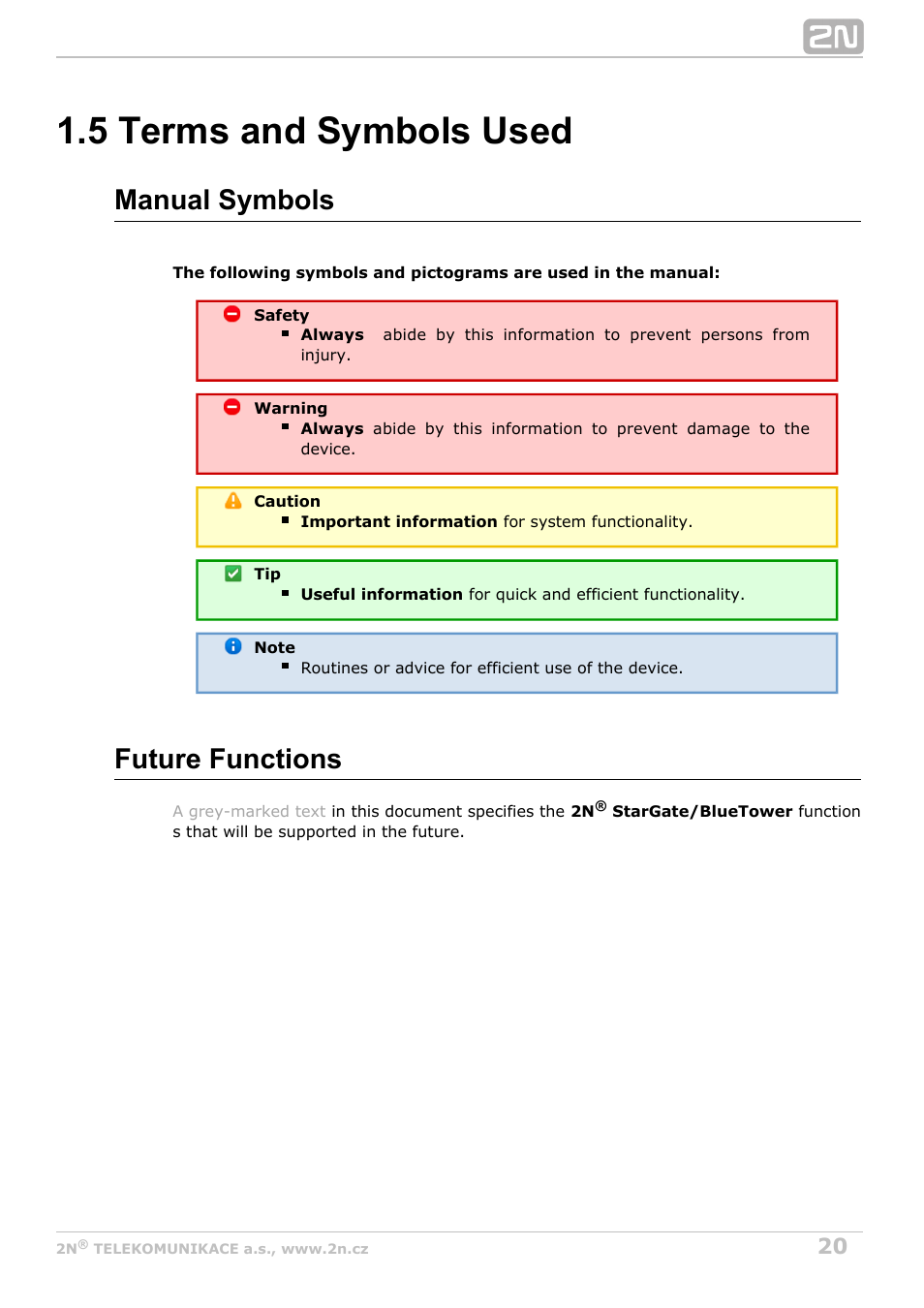 5 terms and symbols used, Manual symbols, Future functions | 2N StarGate/BlueTower v5.4 User Manual | Page 20 / 194