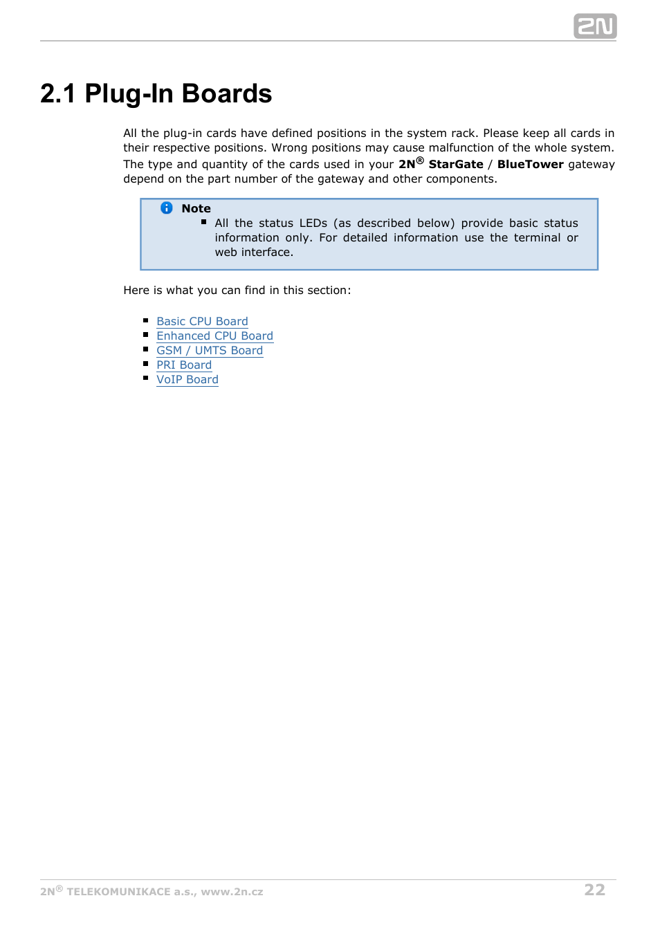 1 plug-in boards | 2N StarGate/BlueTower v5.4 User Manual | Page 22 / 194