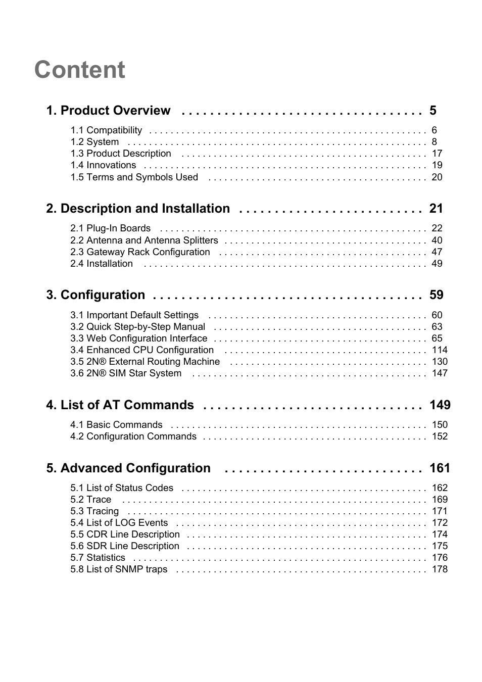 Content, Product overview, Description and installation | Configuration, List of at commands, Advanced configuration | 2N StarGate/BlueTower v5.4 User Manual | Page 3 / 194