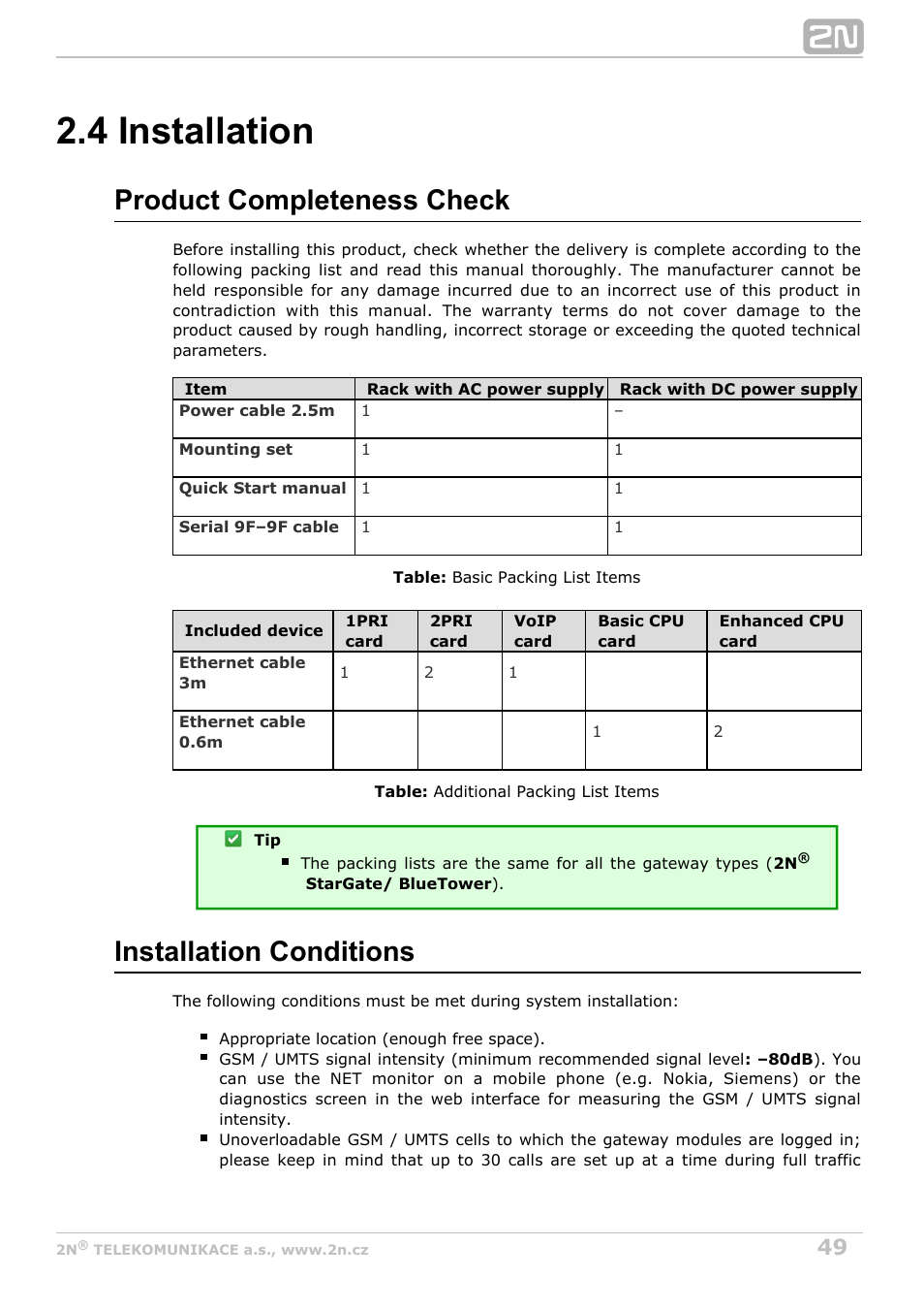 4 installation, Product completeness check, Installation conditions | 2N StarGate/BlueTower v5.4 User Manual | Page 49 / 194