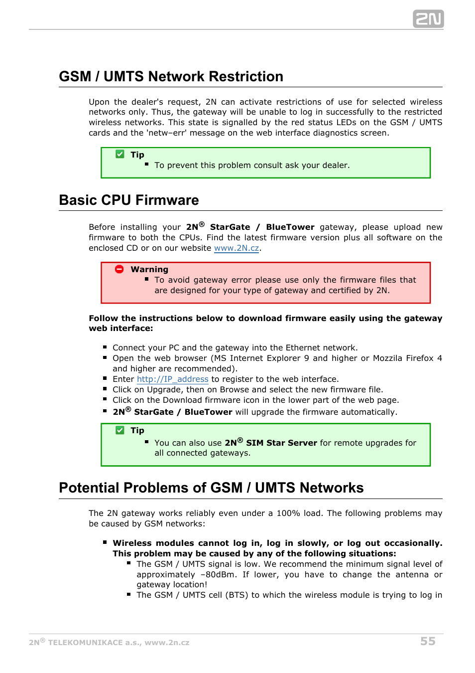 Gsm / umts network restriction, Basic cpu firmware, Potential problems of gsm / umts networks | 2N StarGate/BlueTower v5.4 User Manual | Page 55 / 194