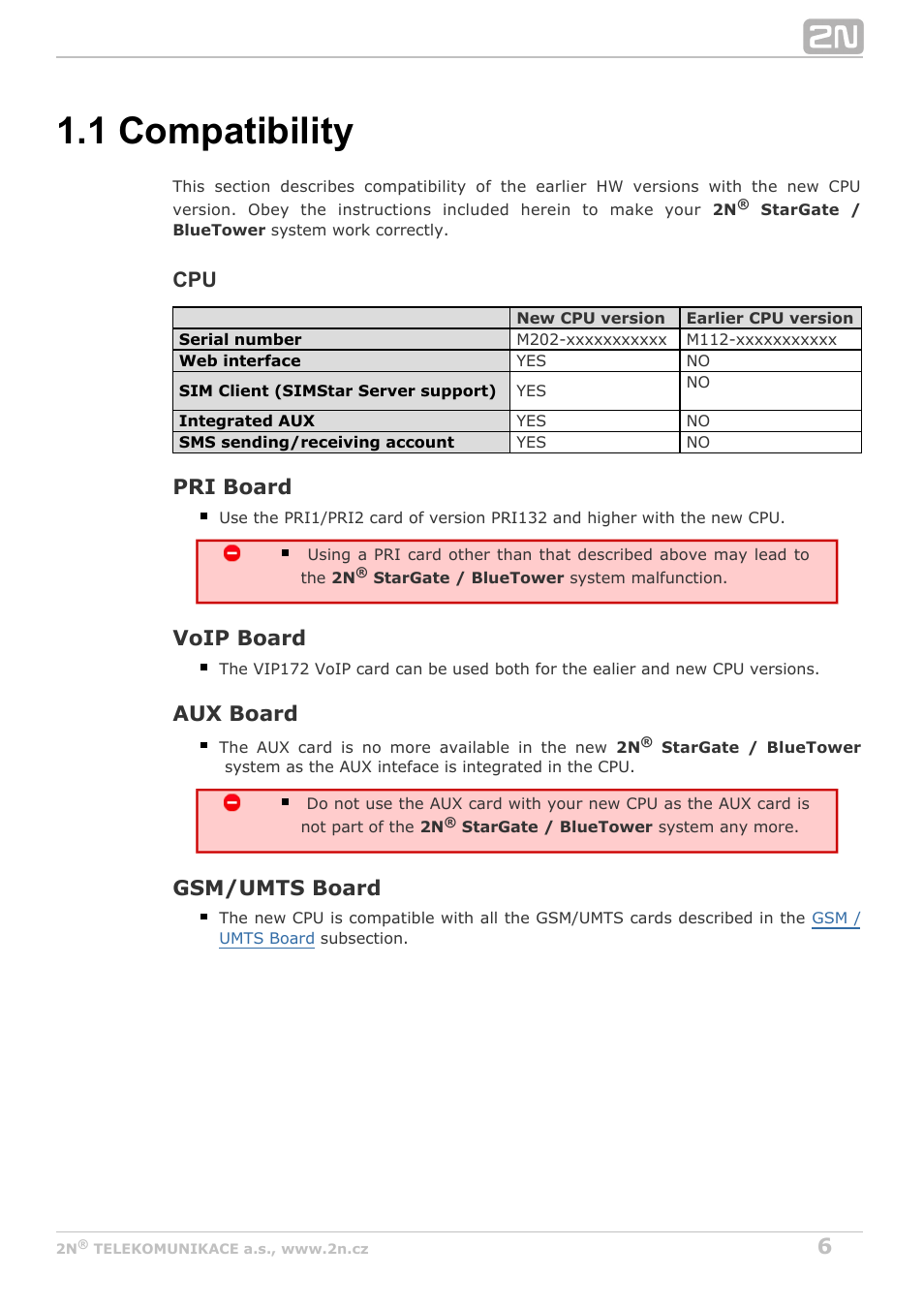 1 compatibility, Pri board, Voip board | Aux board, Gsm/umts board | 2N StarGate/BlueTower v5.4 User Manual | Page 6 / 194