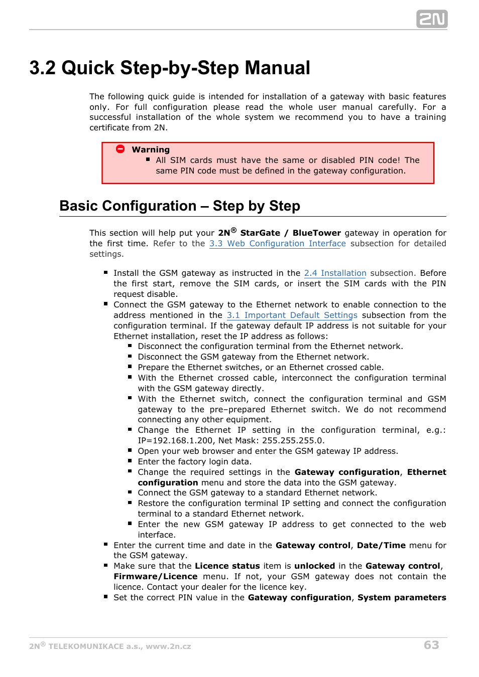 2 quick step-by-step manual, Basic configuration – step by step | 2N StarGate/BlueTower v5.4 User Manual | Page 63 / 194