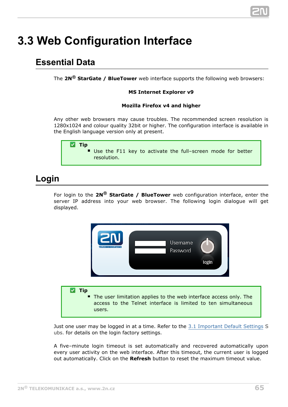 3 web configuration interface, Essential data, Login | 2N StarGate/BlueTower v5.4 User Manual | Page 65 / 194