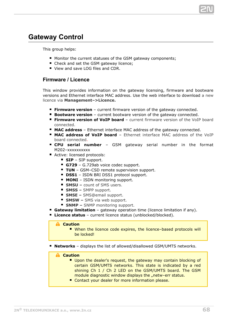 Gateway control, Firmware / licence | 2N StarGate/BlueTower v5.4 User Manual | Page 68 / 194