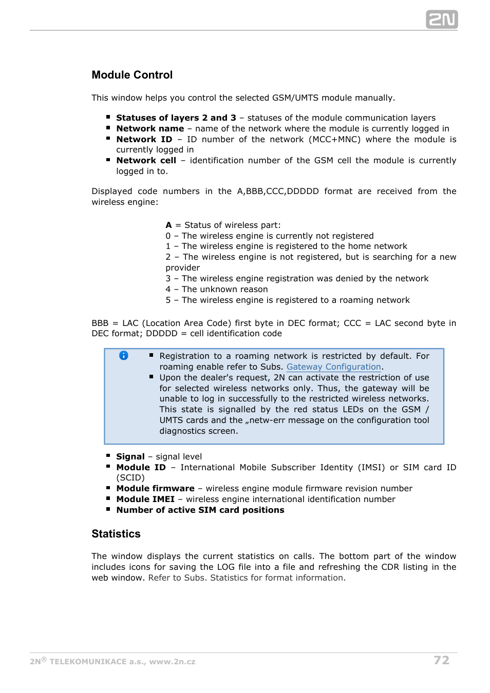 Module control, Statistics | 2N StarGate/BlueTower v5.4 User Manual | Page 72 / 194