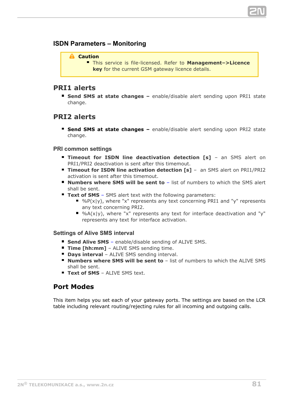Pri1 alerts, Pri2 alerts, Isdn parameters – monitoring | Port modes | 2N StarGate/BlueTower v5.4 User Manual | Page 81 / 194