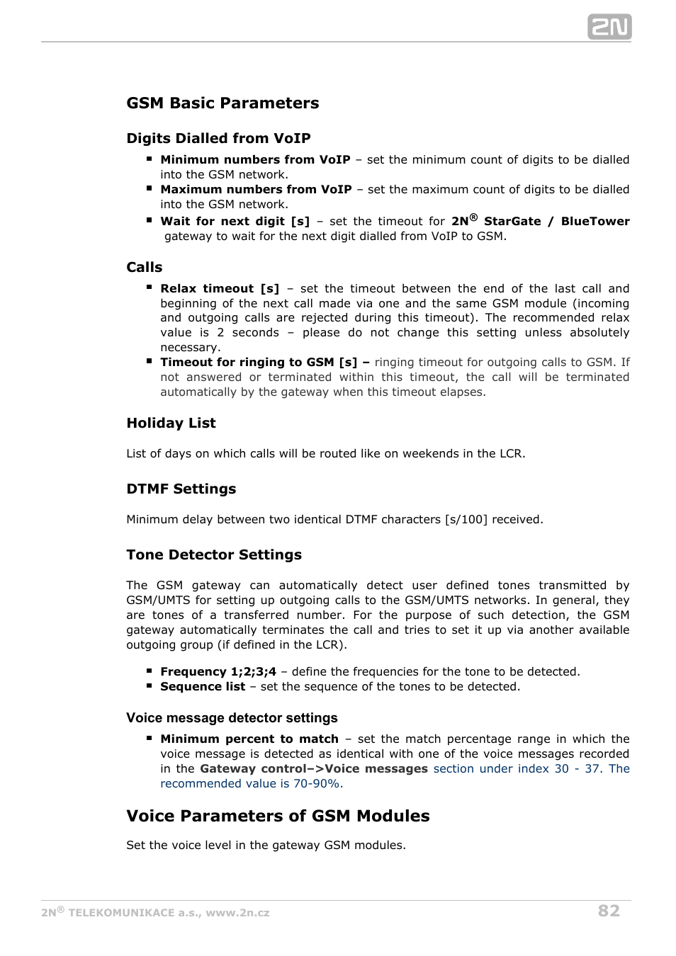Voice parameters of gsm modules, Gsm basic parameters | 2N StarGate/BlueTower v5.4 User Manual | Page 82 / 194