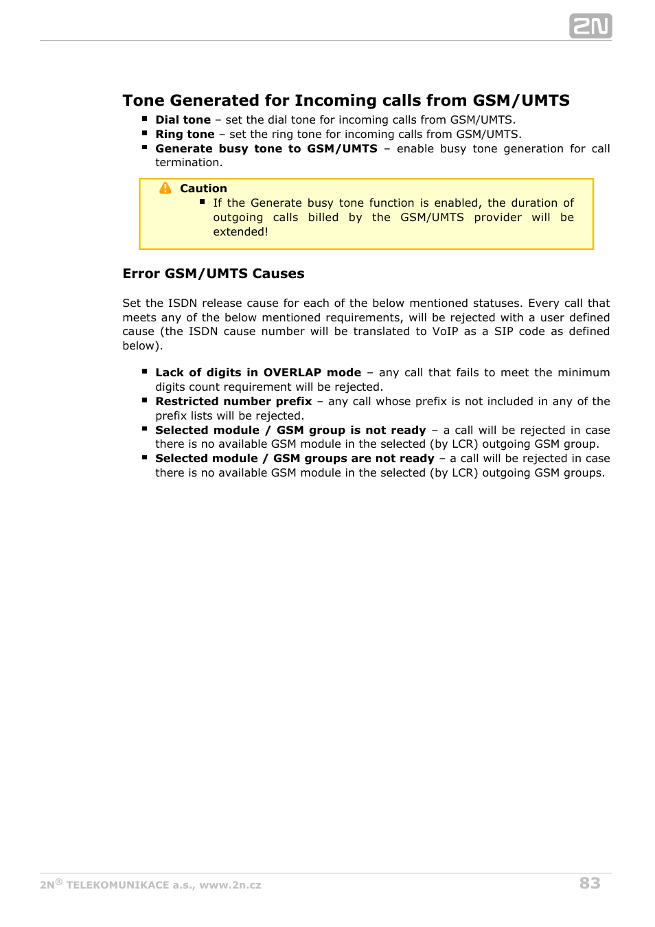 Tone generated for incoming calls from gsm/umts | 2N StarGate/BlueTower v5.4 User Manual | Page 83 / 194