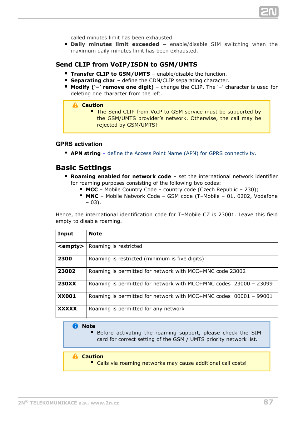 Basic settings | 2N StarGate/BlueTower v5.4 User Manual | Page 87 / 194