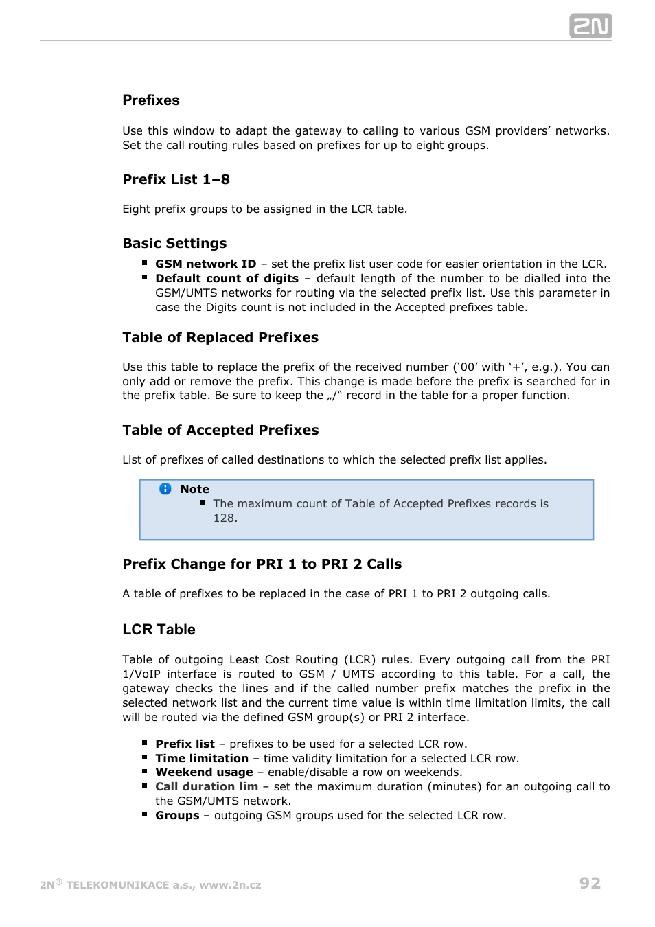 Prefixes, Lcr table | 2N StarGate/BlueTower v5.4 User Manual | Page 92 / 194