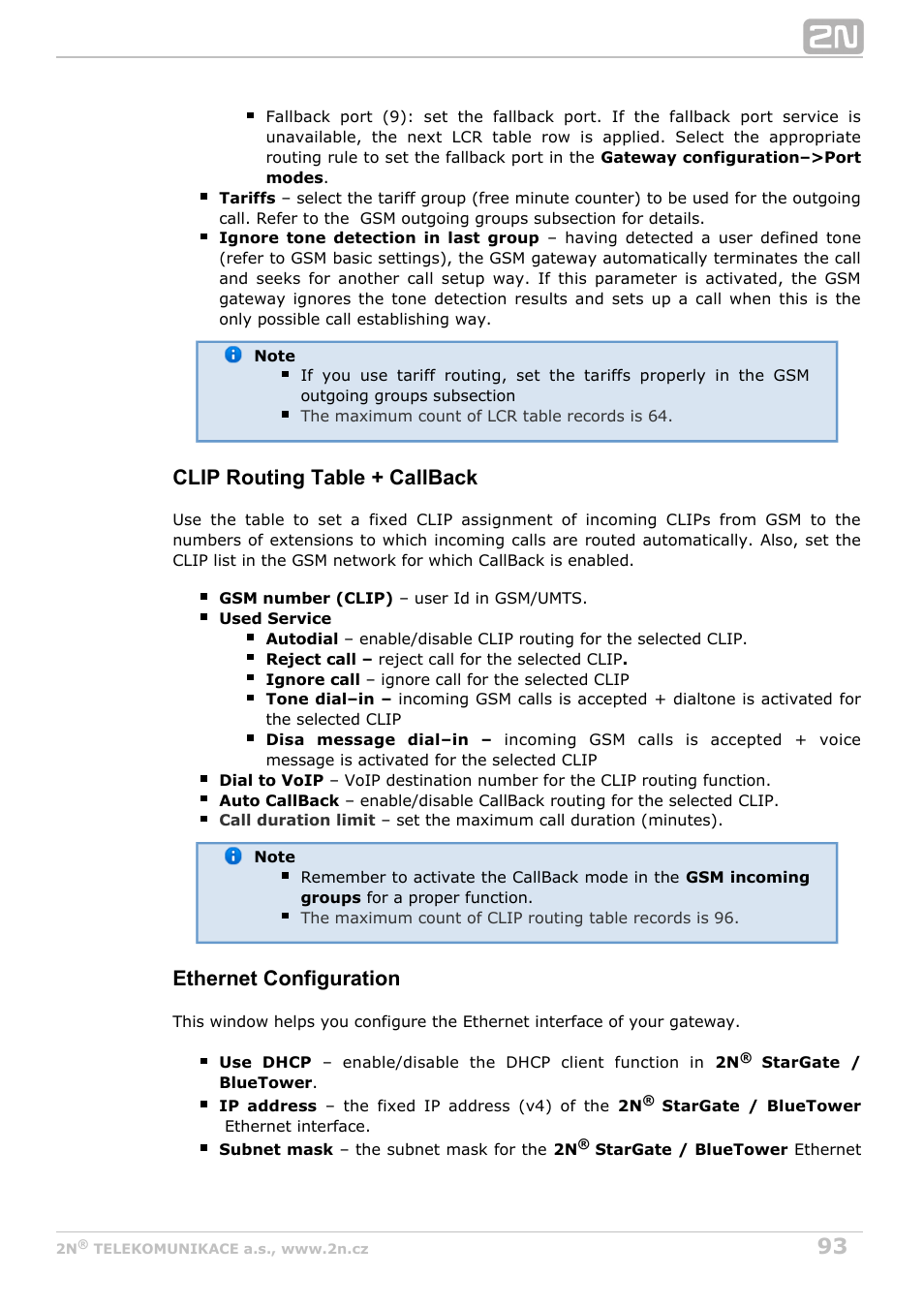 Clip routing table + callback, Ethernet configuration | 2N StarGate/BlueTower v5.4 User Manual | Page 93 / 194