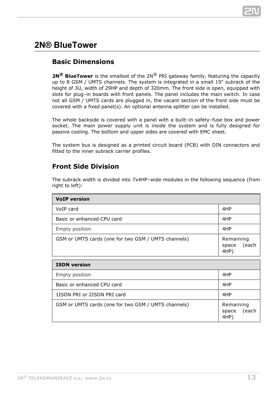 2n® bluetower, Basic dimensions, Front side division | 2N StarGate/BlueTower v5.3 User Manual | Page 13 / 192