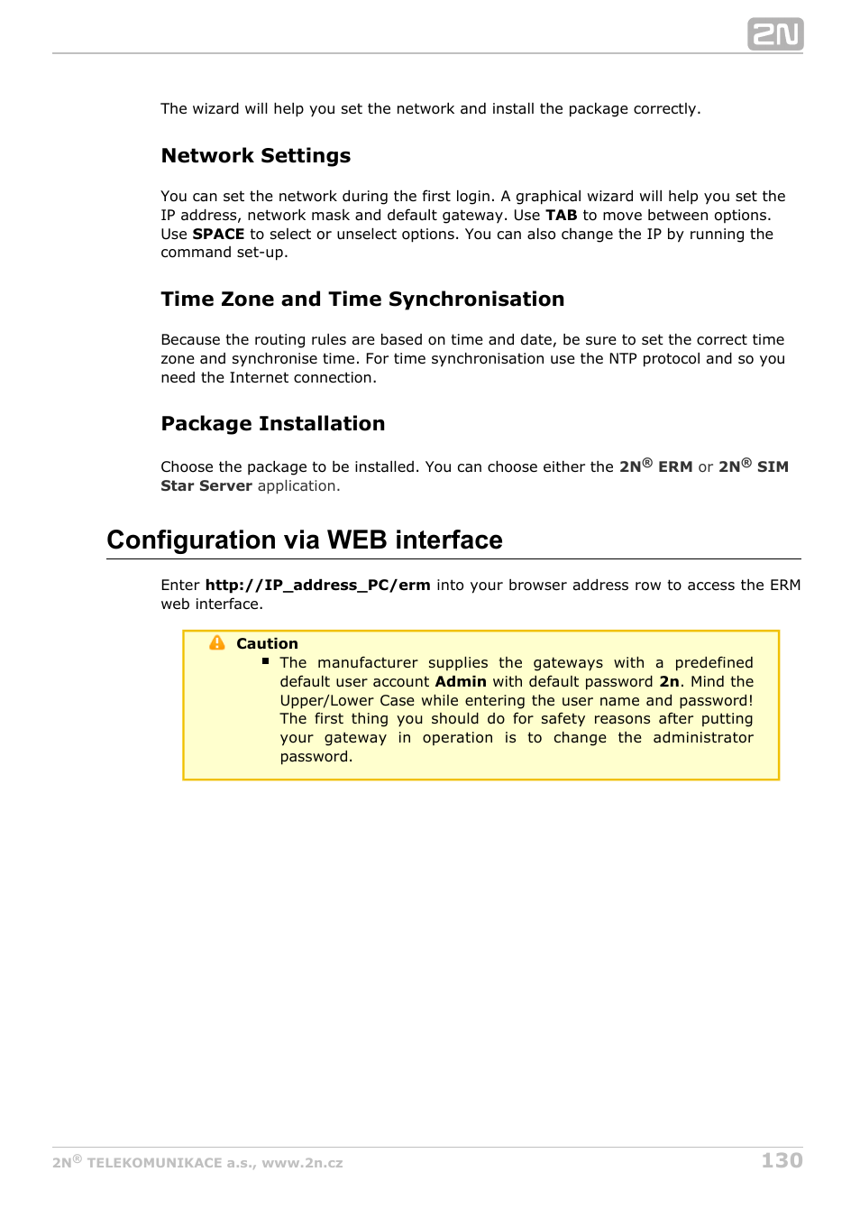 Configuration via web interface, Network settings, Time zone and time synchronisation | Package installation | 2N StarGate/BlueTower v5.3 User Manual | Page 130 / 192