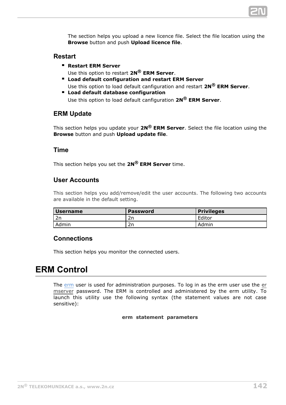 Erm control, Restart, Erm update | Time, User accounts, Connections | 2N StarGate/BlueTower v5.3 User Manual | Page 142 / 192