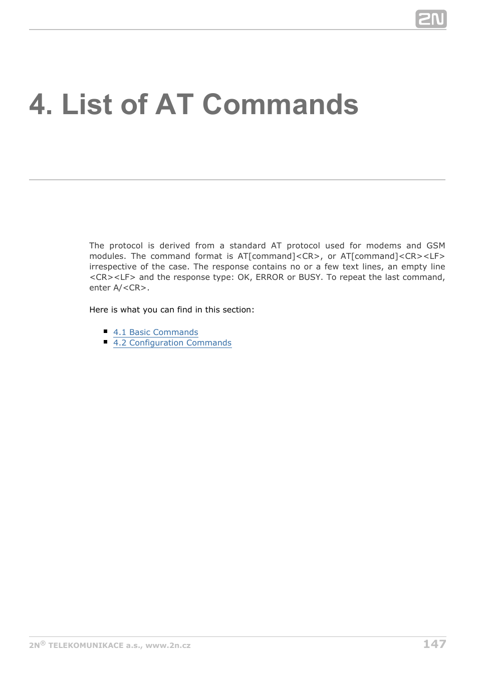 List of at commands | 2N StarGate/BlueTower v5.3 User Manual | Page 147 / 192