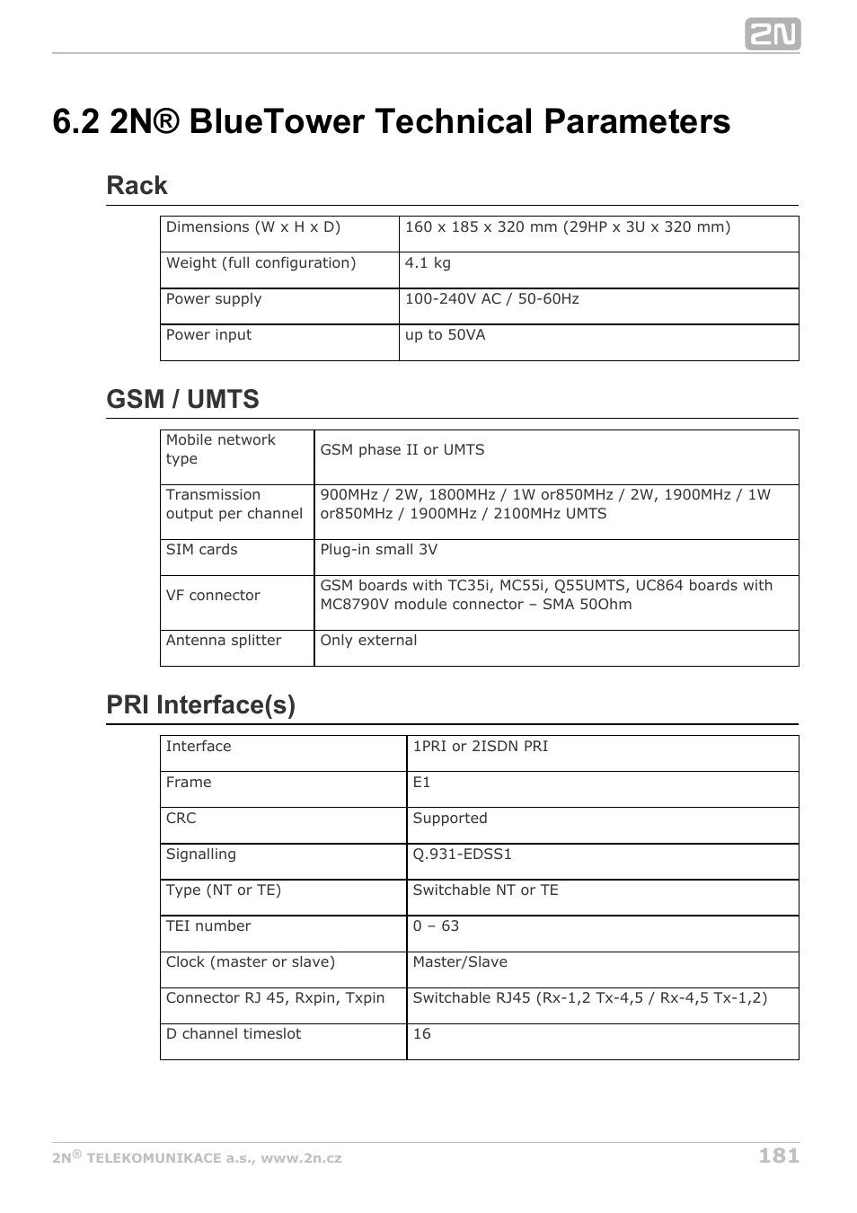 2 2n® bluetower technical parameters, Rack, Gsm / umts | Pri interface(s) | 2N StarGate/BlueTower v5.3 User Manual | Page 181 / 192