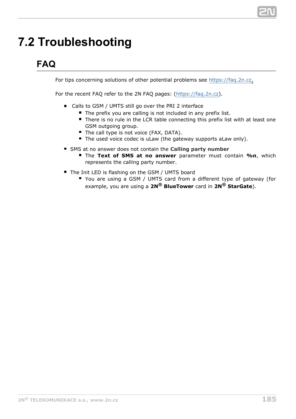 2 troubleshooting | 2N StarGate/BlueTower v5.3 User Manual | Page 185 / 192