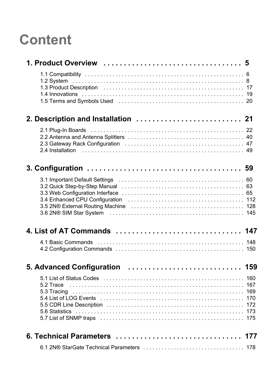 Content, Product overview, Description and installation | Configuration, List of at commands, Advanced configuration, Technical parameters | 2N StarGate/BlueTower v5.3 User Manual | Page 3 / 192