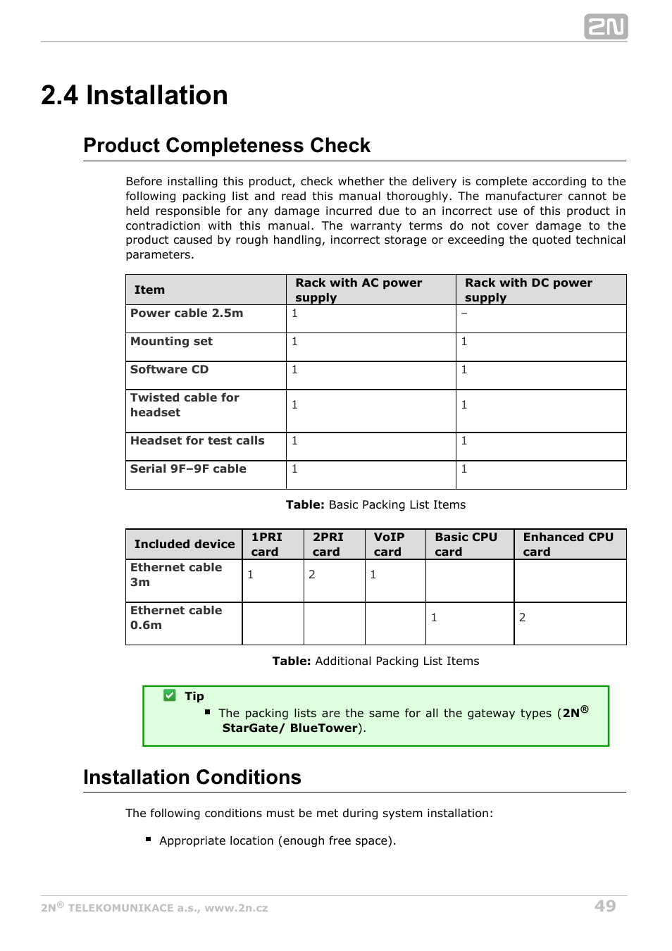 4 installation, Product completeness check, Installation conditions | 2N StarGate/BlueTower v5.3 User Manual | Page 49 / 192