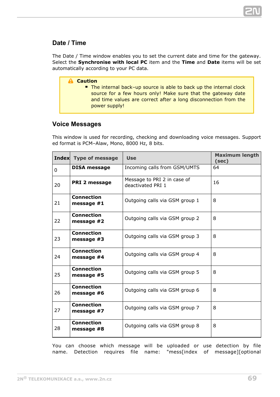 Date / time, Voice messages | 2N StarGate/BlueTower v5.3 User Manual | Page 69 / 192