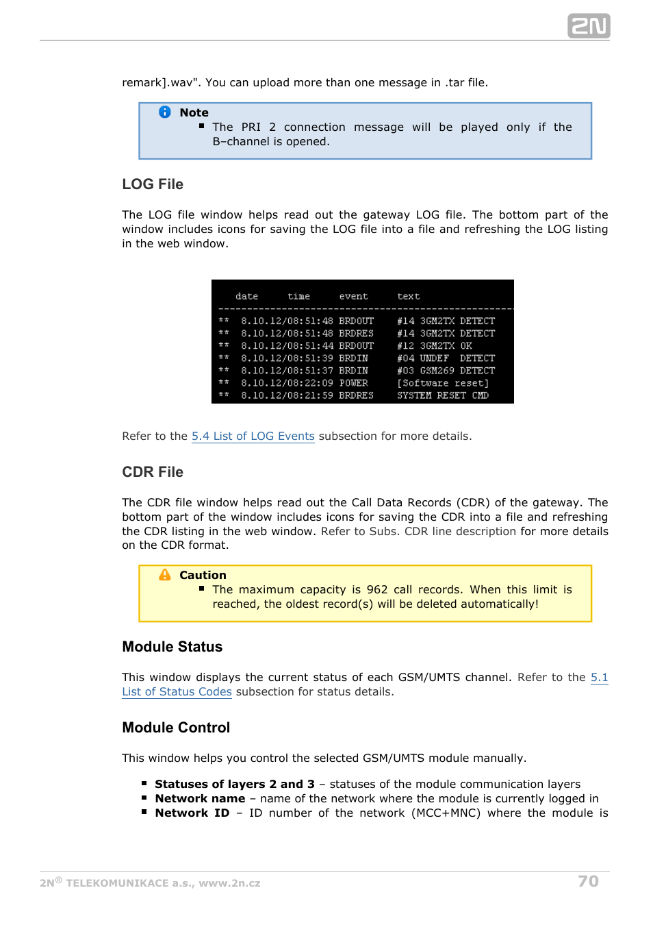 Log file, Cdr file, Module status | Module control | 2N StarGate/BlueTower v5.3 User Manual | Page 70 / 192