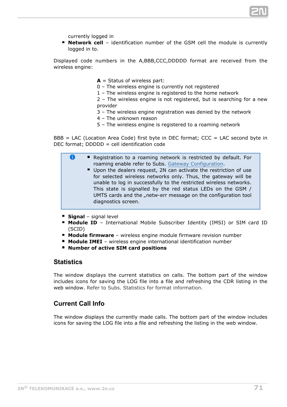 Statistics, Current call info | 2N StarGate/BlueTower v5.3 User Manual | Page 71 / 192