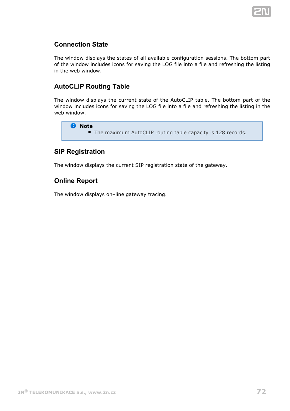 Connection state, Autoclip routing table, Sip registration | Online report | 2N StarGate/BlueTower v5.3 User Manual | Page 72 / 192