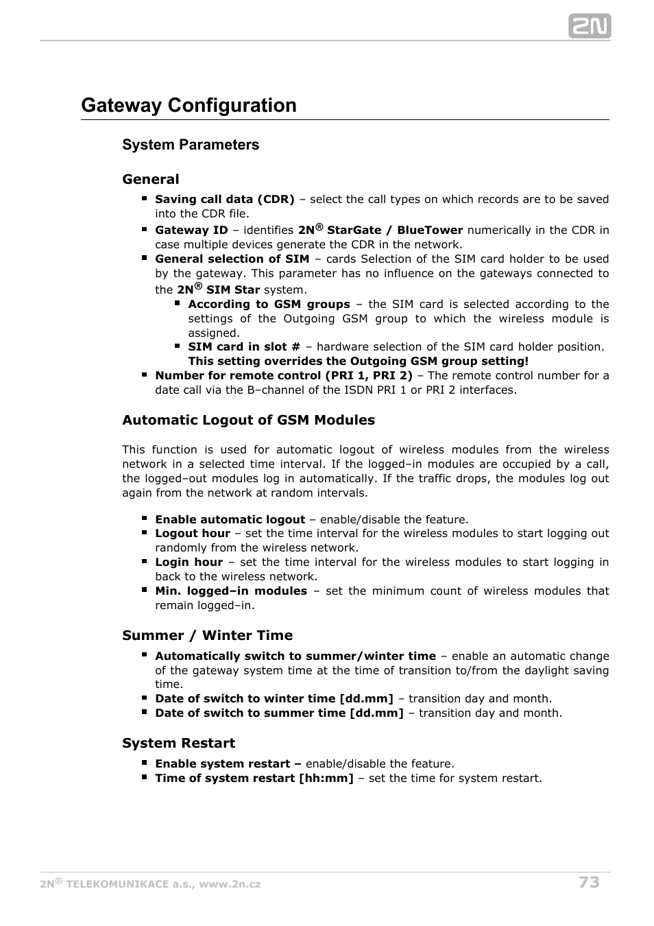 Gateway configuration, System parameters | 2N StarGate/BlueTower v5.3 User Manual | Page 73 / 192