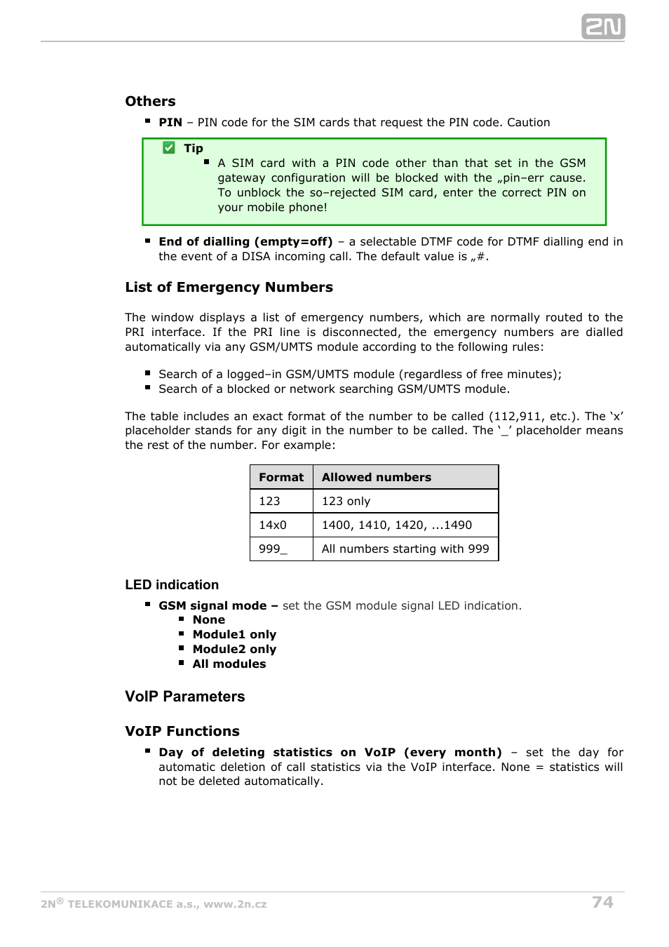 Voip parameters | 2N StarGate/BlueTower v5.3 User Manual | Page 74 / 192