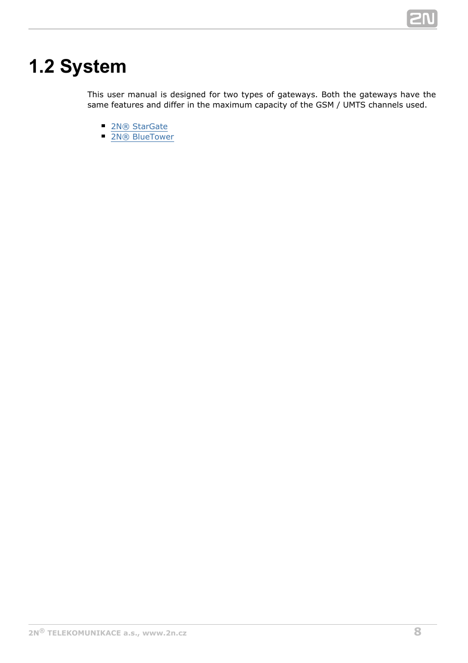 2 system | 2N StarGate/BlueTower v5.3 User Manual | Page 8 / 192