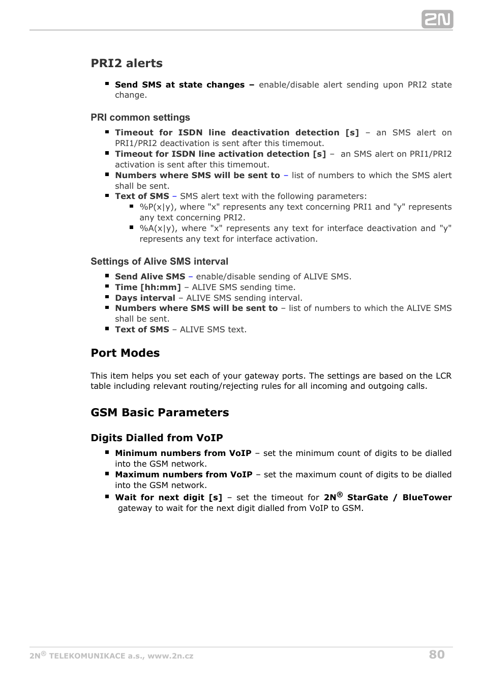 Pri2 alerts, Port modes, Gsm basic parameters | 2N StarGate/BlueTower v5.3 User Manual | Page 80 / 192