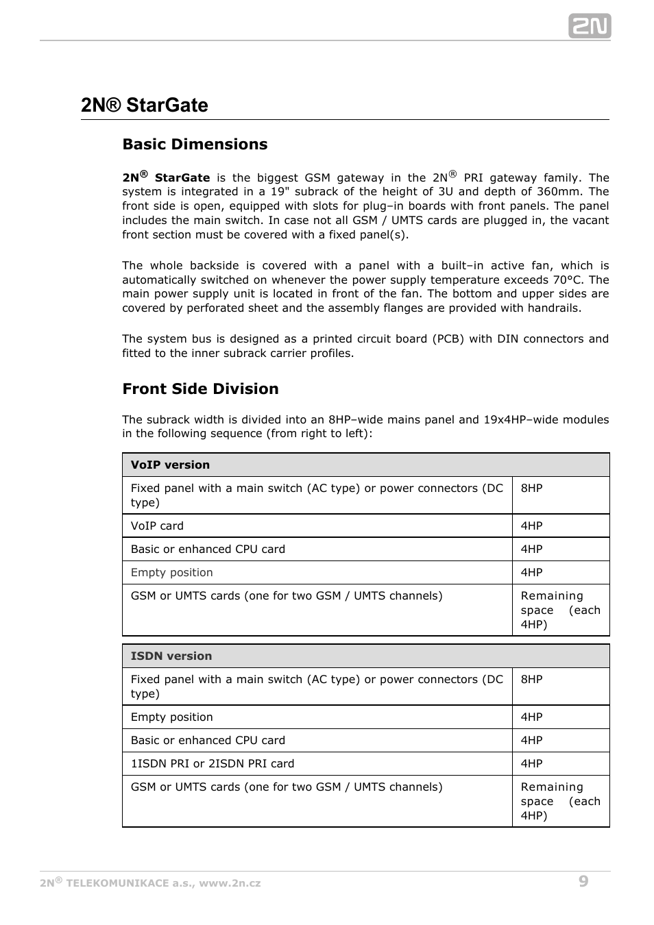 2n® stargate, Basic dimensions, Front side division | 2N StarGate/BlueTower v5.3 User Manual | Page 9 / 192
