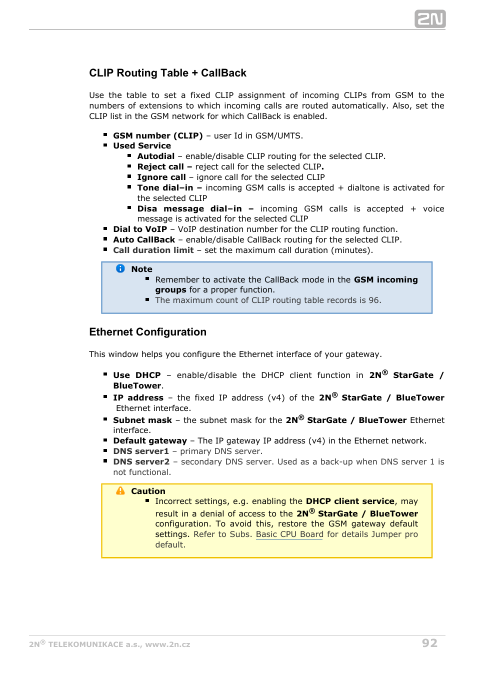 Clip routing table + callback, Ethernet configuration | 2N StarGate/BlueTower v5.3 User Manual | Page 92 / 192