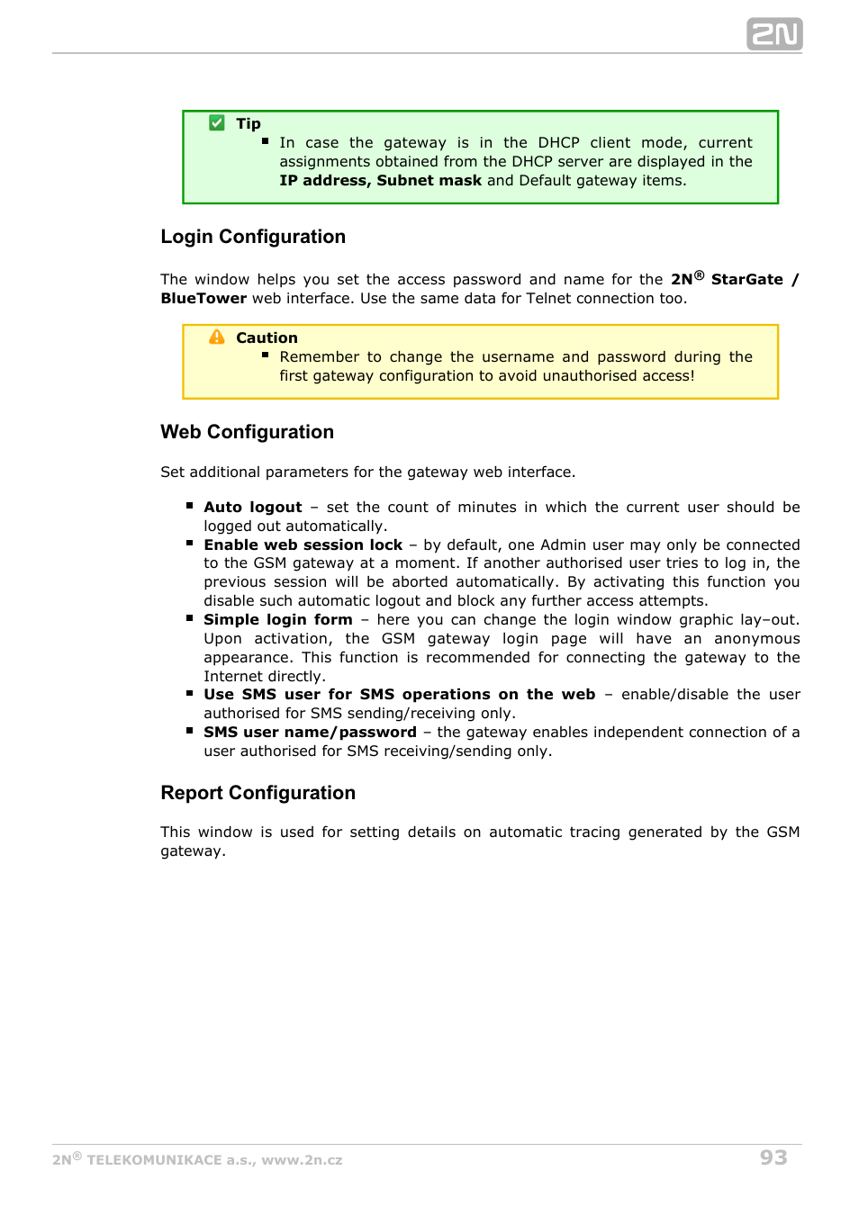 Login configuration, Web configuration, Report configuration | 2N StarGate/BlueTower v5.3 User Manual | Page 93 / 192