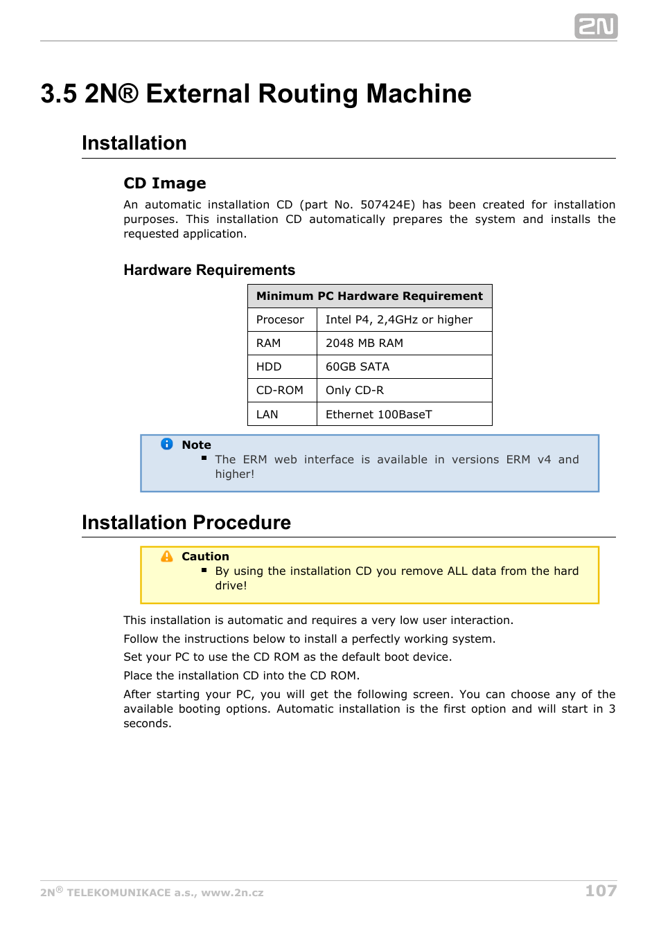 5 2n® external routing machine, Installation, Installation procedure | 2N StarGate/BlueTower v5.2 User Manual | Page 107 / 162