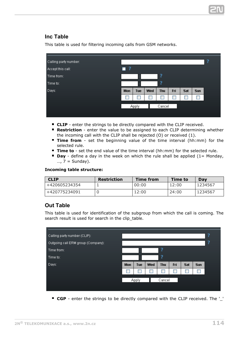 Inc table, Out table | 2N StarGate/BlueTower v5.2 User Manual | Page 114 / 162