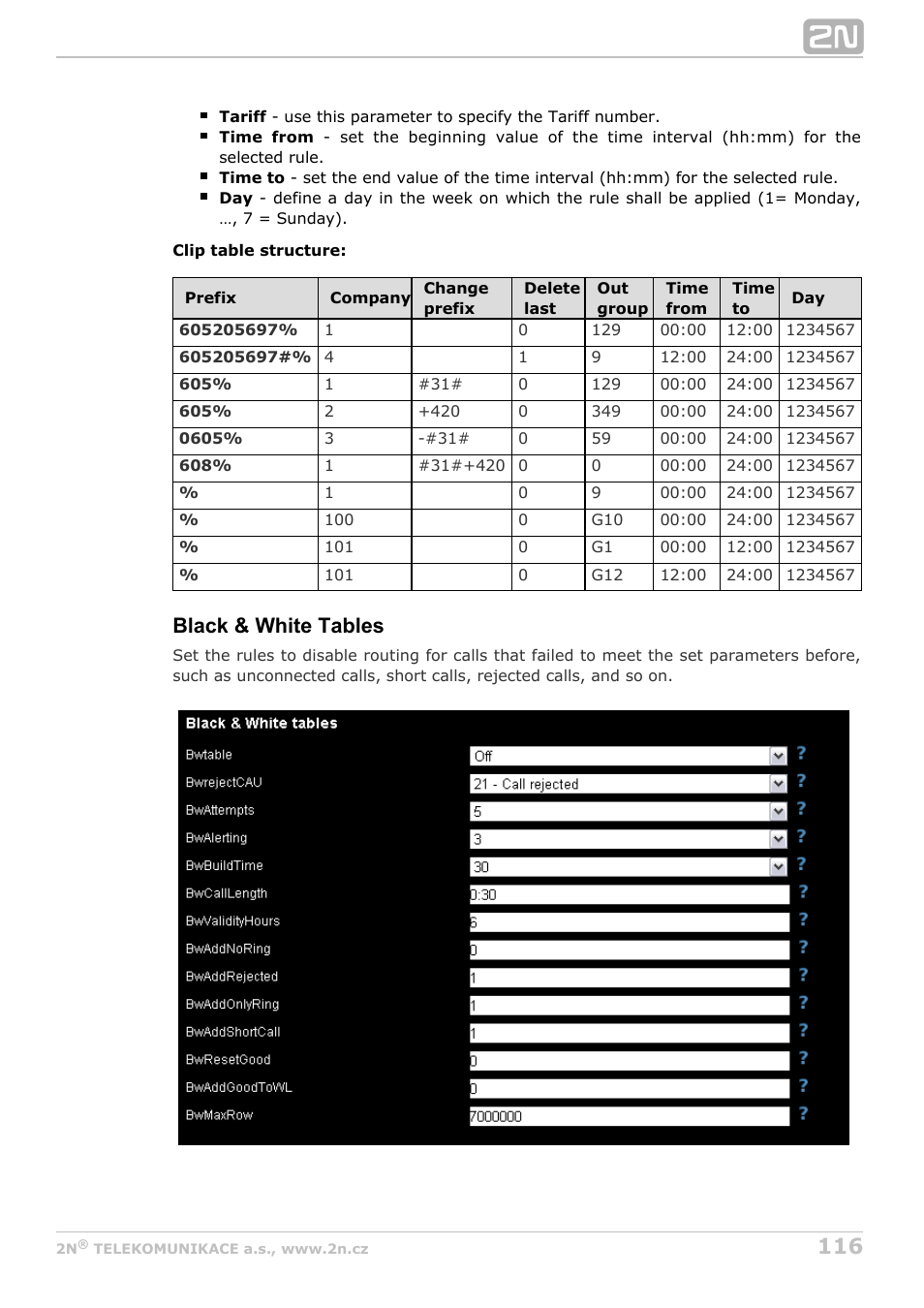 Black & white tables | 2N StarGate/BlueTower v5.2 User Manual | Page 116 / 162