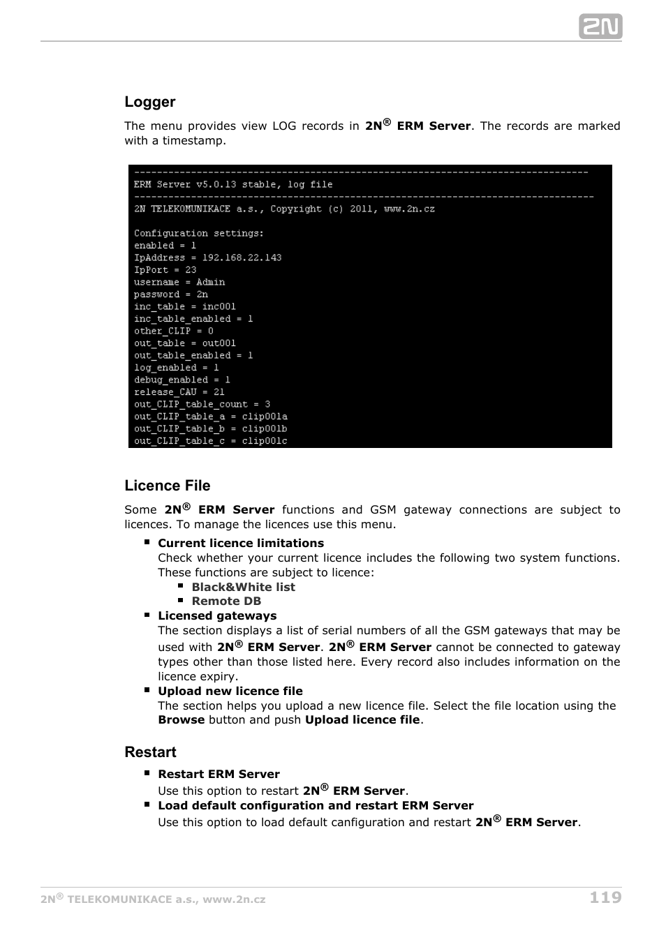 Logger, Licence file, Restart | 2N StarGate/BlueTower v5.2 User Manual | Page 119 / 162