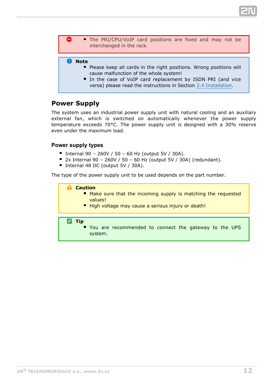 Power supply | 2N StarGate/BlueTower v5.2 User Manual | Page 12 / 162