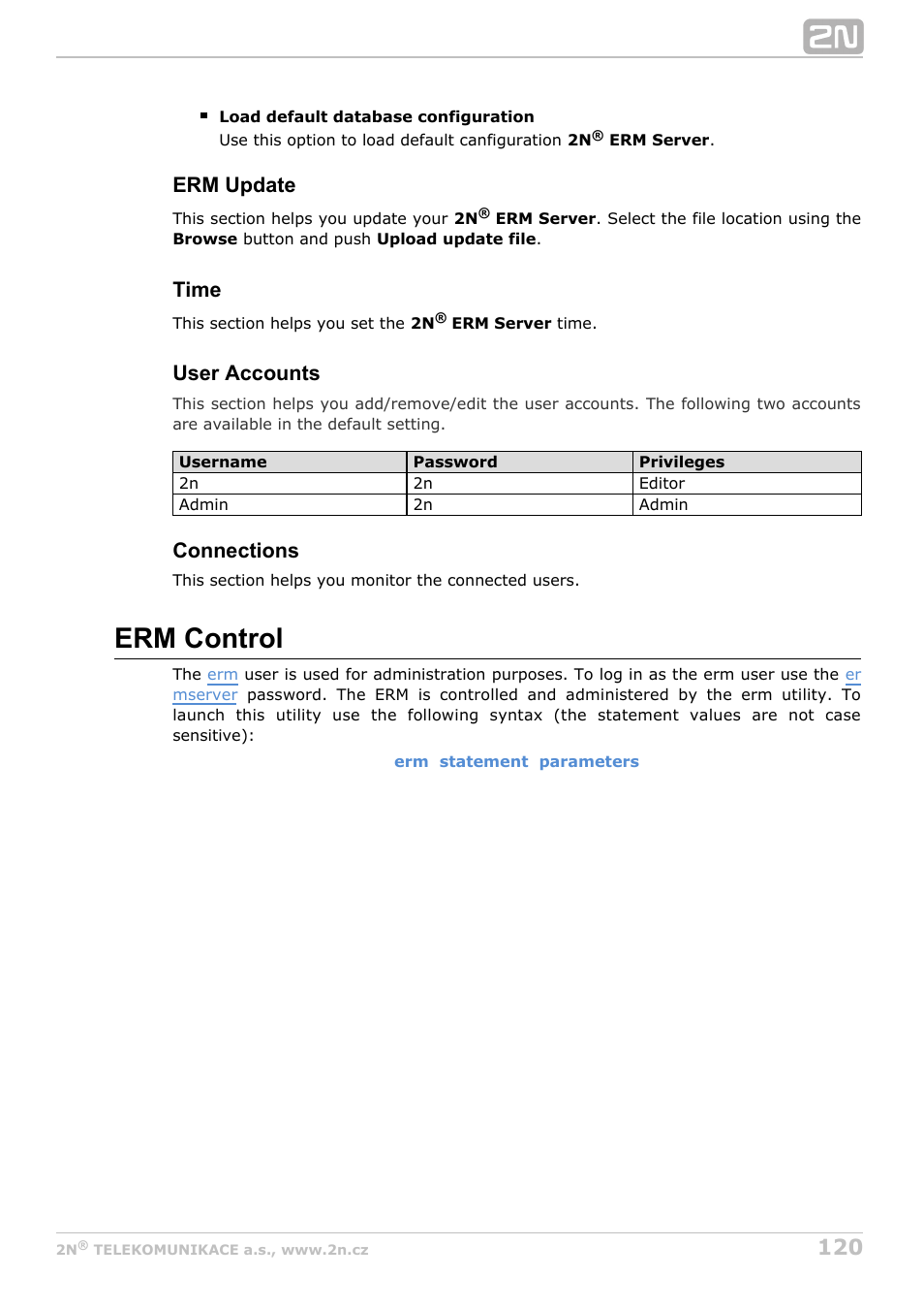 Erm control, Erm update, Time | User accounts, Connections | 2N StarGate/BlueTower v5.2 User Manual | Page 120 / 162