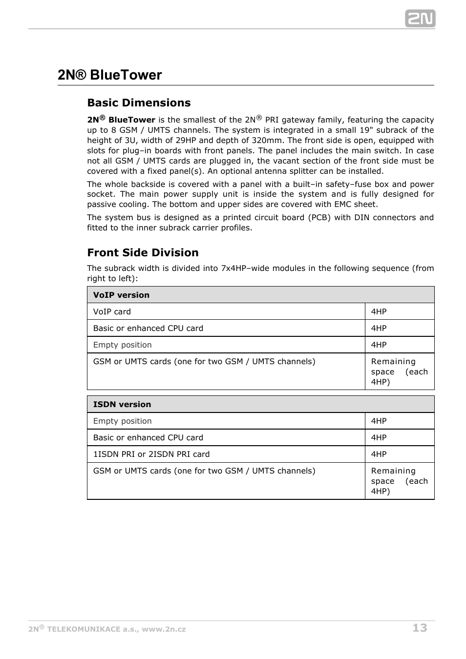 2n® bluetower, Basic dimensions, Front side division | 2N StarGate/BlueTower v5.2 User Manual | Page 13 / 162