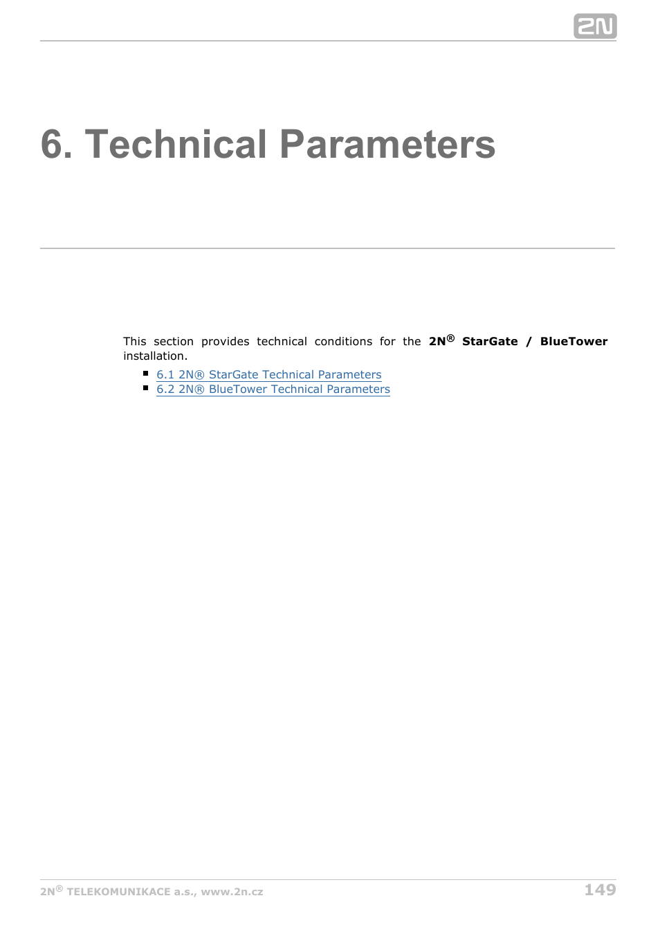 Technical parameters | 2N StarGate/BlueTower v5.2 User Manual | Page 149 / 162