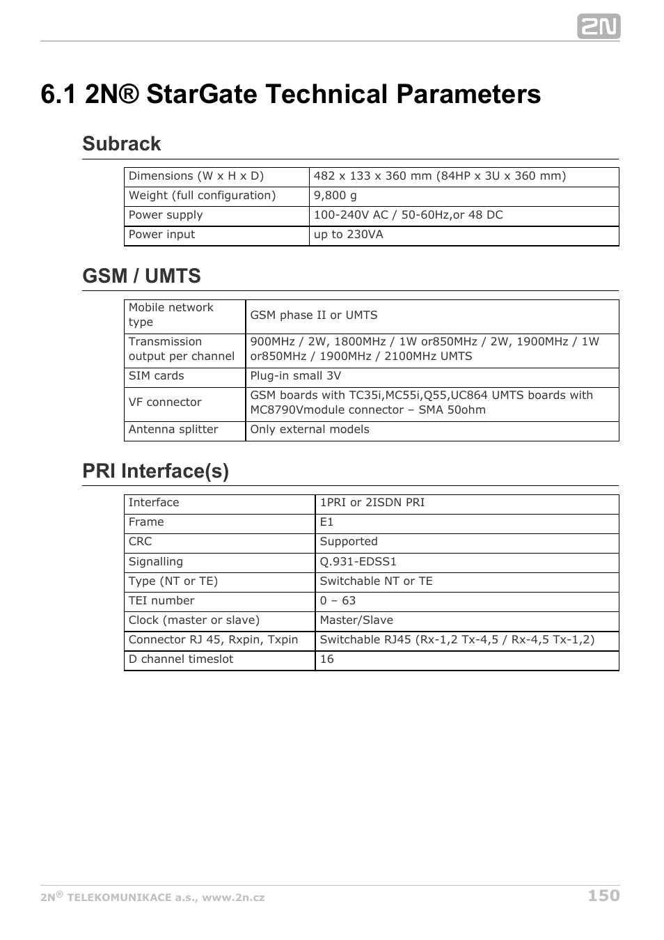 1 2n® stargate technical parameters, Subrack, Gsm / umts | Pri interface(s) | 2N StarGate/BlueTower v5.2 User Manual | Page 150 / 162