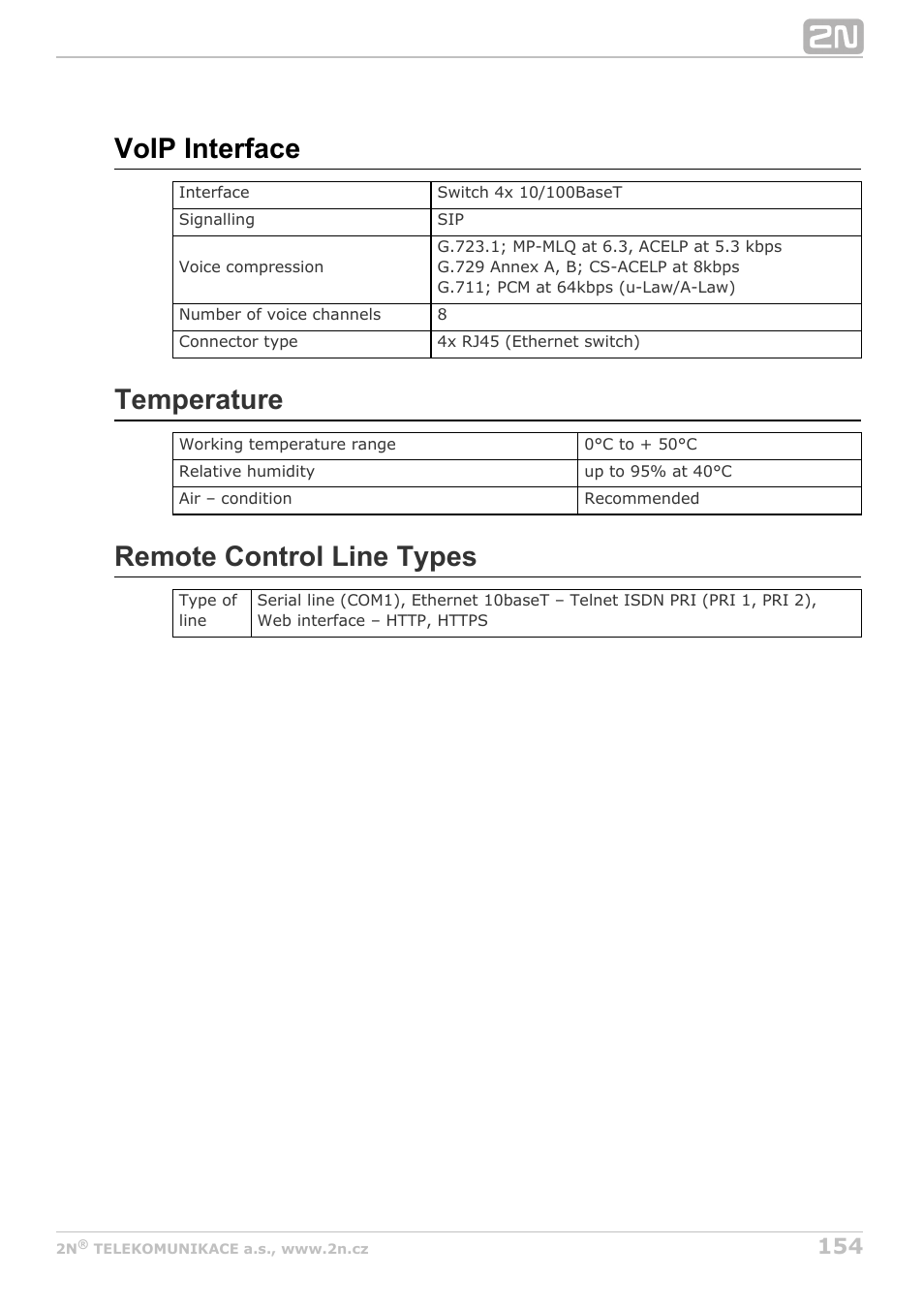 Voip interface, Temperature, Remote control line types | 2N StarGate/BlueTower v5.2 User Manual | Page 154 / 162