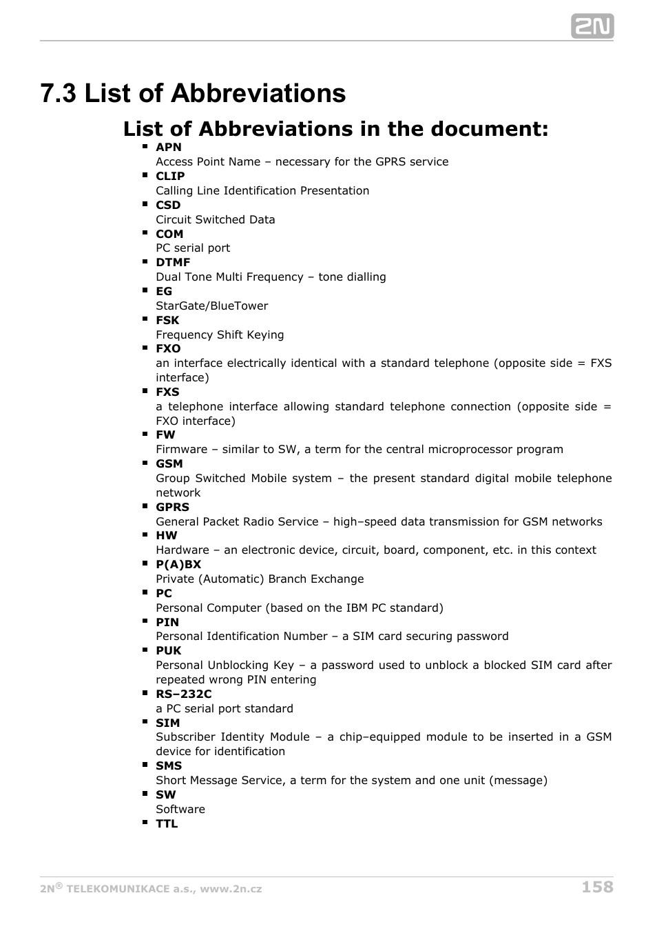 3 list of abbreviations, List of abbreviations in the document | 2N StarGate/BlueTower v5.2 User Manual | Page 158 / 162