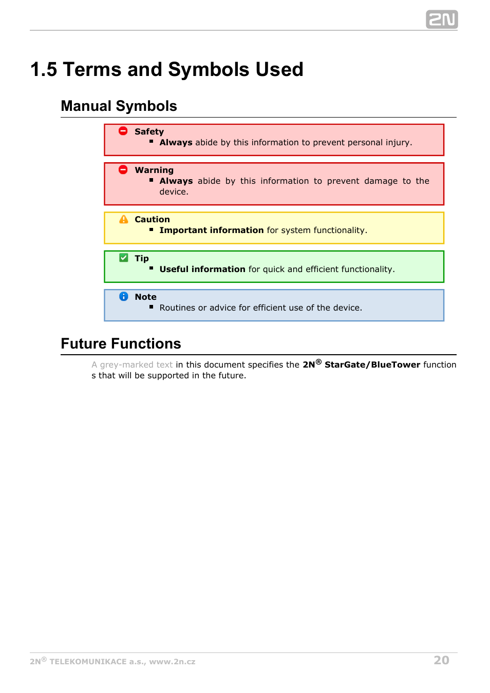 5 terms and symbols used, Manual symbols, Future functions | 2N StarGate/BlueTower v5.2 User Manual | Page 20 / 162