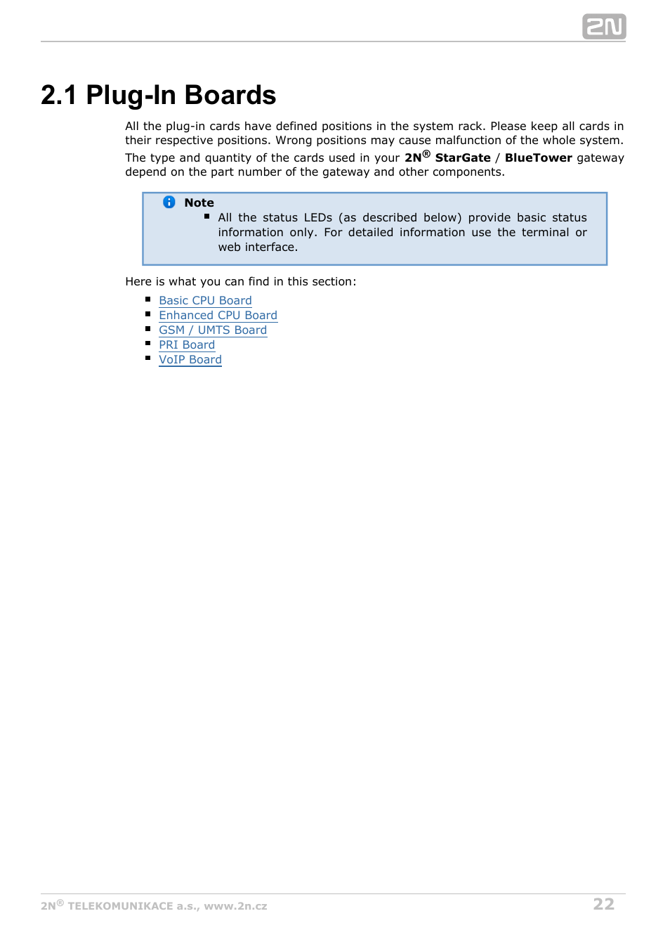 1 plug-in boards | 2N StarGate/BlueTower v5.2 User Manual | Page 22 / 162